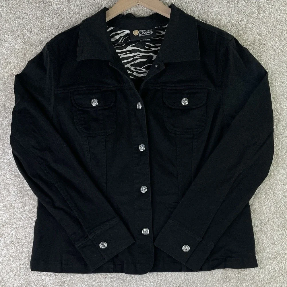Christine Alexander Jacket Women's L Black Rhinestone‎ Button Zebra Trim Cotton